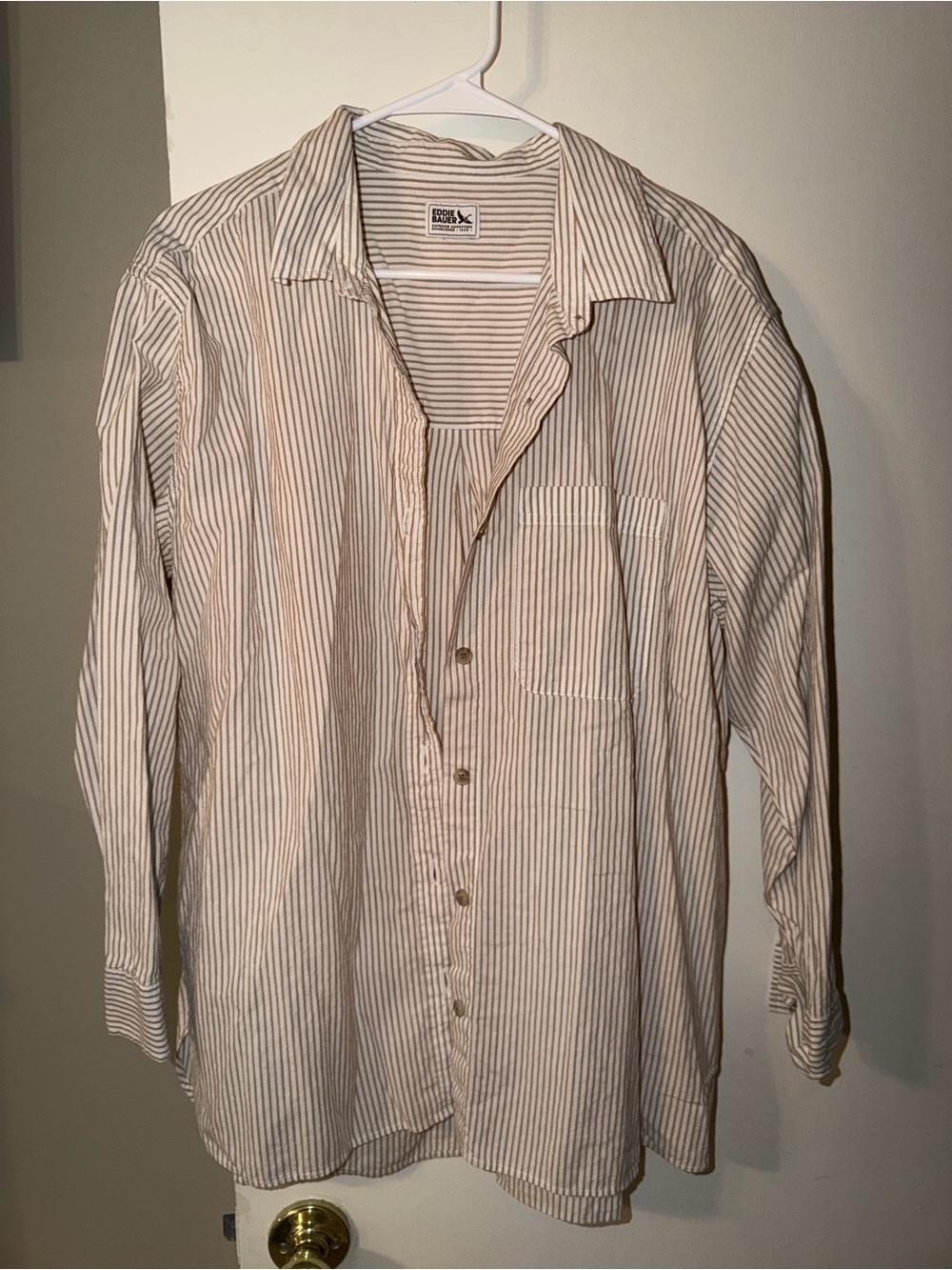 Eddie Bauer Cream and Brown Striped Button-Down Shirt